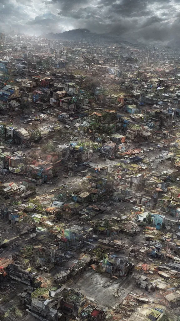 Image similar to a beautiful highly detailed matte painting of a huge derelict cargo favela by Jose Daniel Cabrera Pena and Leonid Kozienko, concept art