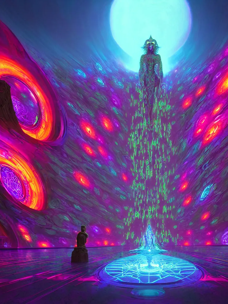 Prompt: entrance to matrix ethereal realm, shiva sentient, rendered in unreal engine, central composition, symmetrical composition, dreamy colorful cyberpunk colors, 6 point perspective, fantasy landscape with anthropomorphic terrain in the styles of igor morski, jim warren and rob gonsalves, intricate, hyperrealistic, volumetric lighting, neon ambiance, distinct horizon