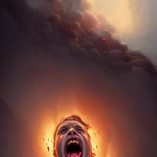 Prompt: a close view of a jewish rabi screaming in panic!!!, derbis!!!, rubble!!, fires!! hyperrealistic, highly detailed, cinematic, foggy light from fires, beautiful, cgssociety, artstation, 8 k, oil painting by greg rutkowski, by artgerm, by wlop