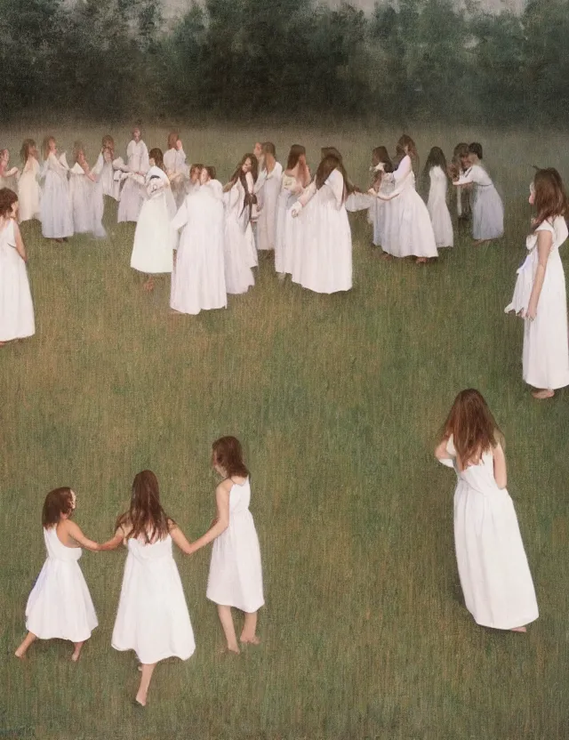 Image similar to Girls in a round dance, in white dresses, dancing in a circle, Cottage core, Cinematic focus, Polaroid photo, vintage, neutral colors, soft lights, foggy, by Steve Hanks, by Serov Valentin, by lisa yuskavage, by Andrei Tarkovsky, by Terrence Malick, 8k render, detailed, oil on canvas, High angle view, wide shot