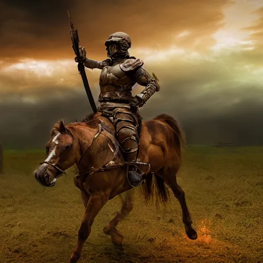 Image similar to a hyper-realistic photograph of a spartan soldier riding a horse through the ravaged battlefield in the style of a photo-realistic, realistic photograph, 3D render, blender, detailed, ominous, threatening, haunting, forbidding, colorful, doom, apocalyptic, sinister, unnerving, harrowing, dreadful, frightful, shocking, terror, hideous, ghastly, terrifying