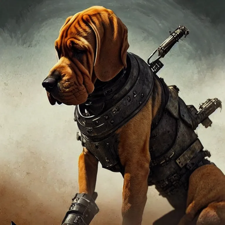 Image similar to a good ol'floppy - eared bloodhound pup fursona ( from the furry fandom ), heavily armed and armored facing down armageddon in a dark and gritty version from the makers of mad max : fury road. witness me.