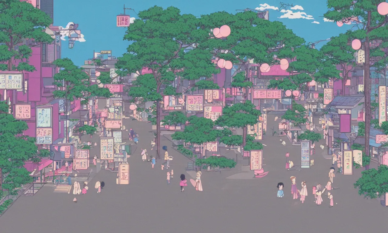 Image similar to A cute aesthetic still frame from an 80's or 90's anime, minimal street in Japan with a waterfall, shops, trees