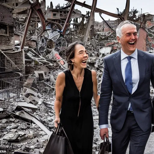 Prompt: modern city destroyed by war in ruins with rich couple walking around with shopping bags laughing, color photograph