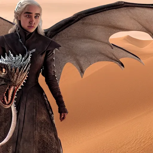 Image similar to daenerys from game of thrones flies on a dragon over snow desert