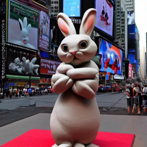 Image similar to an award winning clay sculpture of a funny bunny made by michelangelo, standing in times square, 3 d render, hyper detailed, sharp focus, 8 k resolution