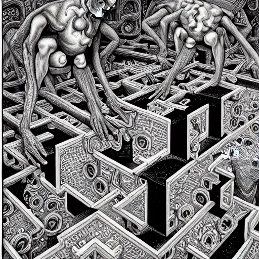 Image similar to dmt, machine elves, M C Escher, highly detailed