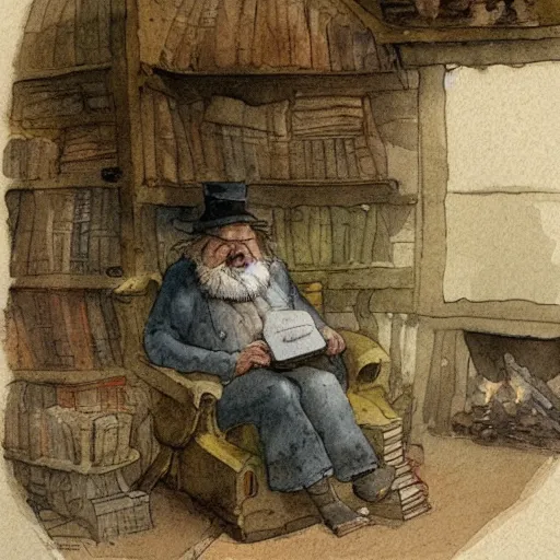 Image similar to a muted color watercolor sketch of a old man sitting in big chair next of a fireplace in his hobbit house living room surrounded by stacks of books from story book character ifrom the book Baltimore & Redingote by Jean-Baptiste Monge of an old man in the style of by Jean-Baptiste Monge that looks like its by Jean-Baptiste Monge and refencing Jean-Baptiste Monge