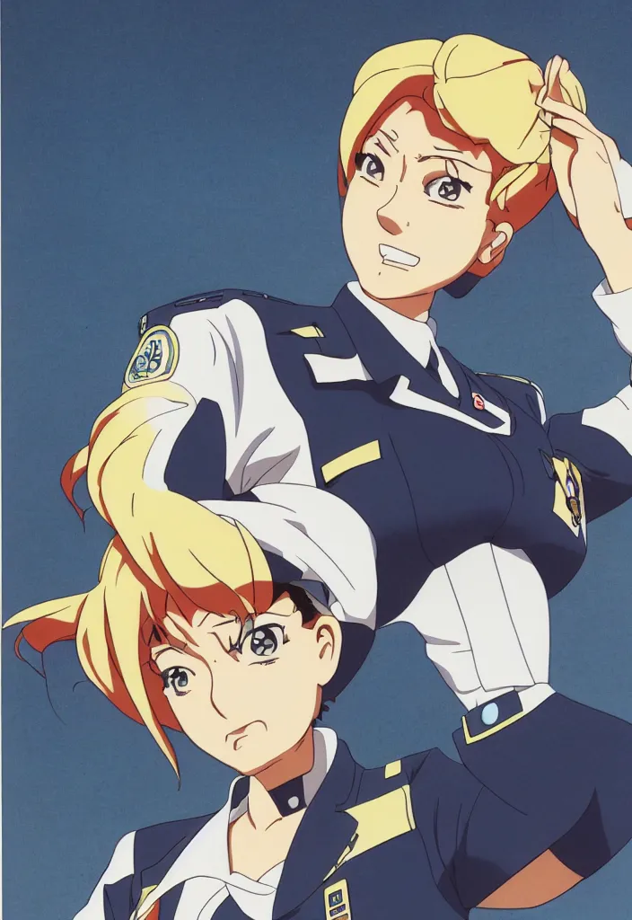 Image similar to close - up portrait of police woman, animation cel for anime movie, designed by haruhiko mikimoto, studio trigger, gainax, subtle colors