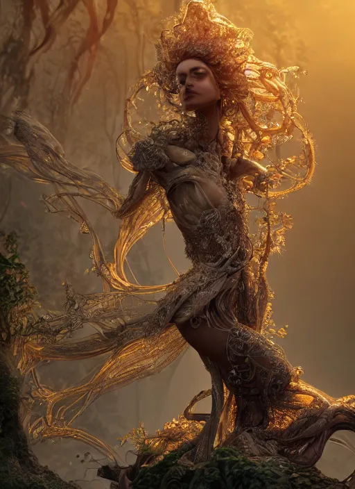 Prompt: beauteous practical sumptuous biomechanical with incredible hair, crystalline masterpiece incrustations, hyperdetailed face, elegant pose, movie still, intricate, octane render, cinematic forest lighting, cgsociety, unreal engine, crepuscular rays, god rays