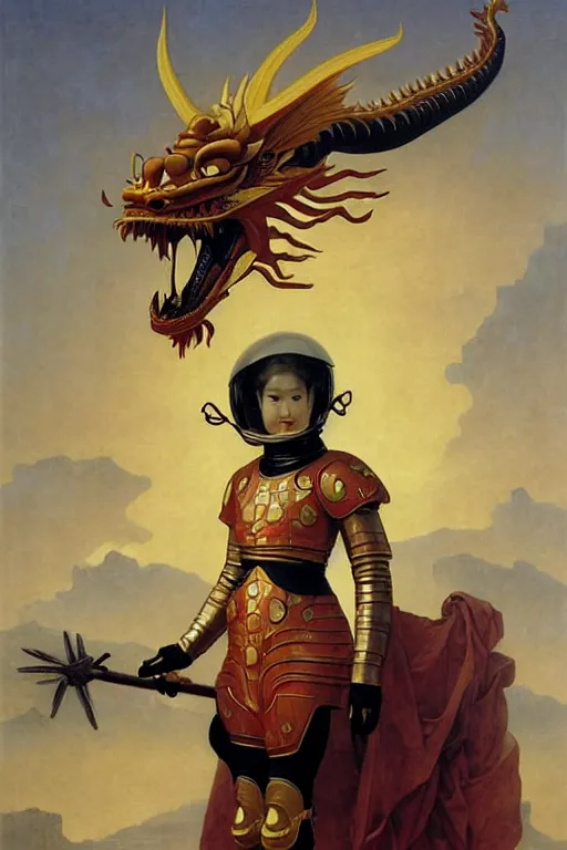 Image similar to portrait of a astronaut is a chinese dragon in armor and helmet, majestic, solemn, by bouguereau