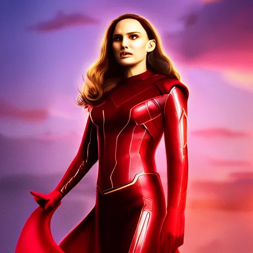 Image similar to Natalie Portman as scarlet witch from MCU, highly detailed, artstation, 8K HDR, sunset.