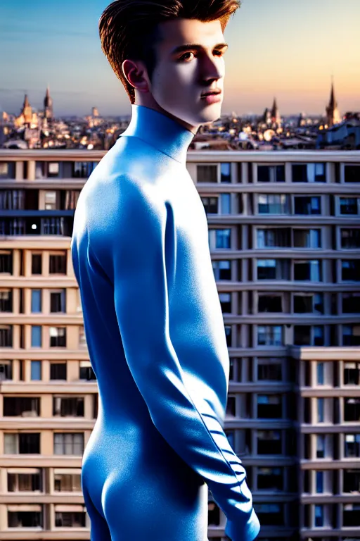 Image similar to un ultra high definition studio quality photographic art portrait of a young man standing on the rooftop of a british apartment building wearing soft padded silver pearlescent clothing. three point light. extremely detailed. golden ratio, ray tracing, volumetric light, shallow depth of field. set dressed.