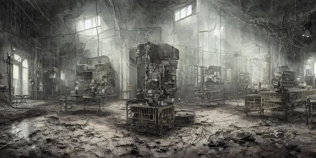 Image similar to abandoned laboratory with vacuum tube computers, early xx century technology, dark atmosphere, intricate, elegant, highly detailed, urban decay, digital painting, artstation, concept art, smooth, sharp focus, octane render, dramatic lighting, volumetric lighting, cinematic lighting, art by zdislav beksinski and hans giger