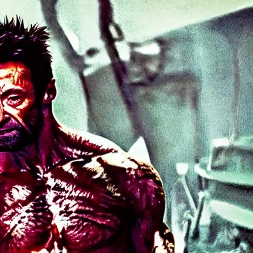 Prompt: a head and shoulders photograph of Hugh Jackman as a Zombie Wolverine Butcher, golden hour