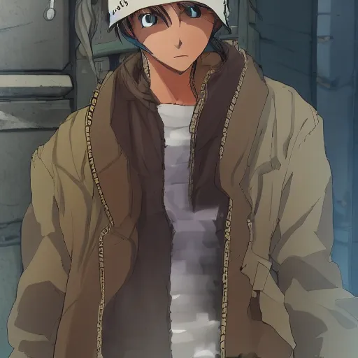 Prompt: The teenage son of an ancient, Lovecraftian god hiding in as humanoid dressed like a homeless person in the style of shonen/slice of life anime detailed realistic High Resolution HD 8k