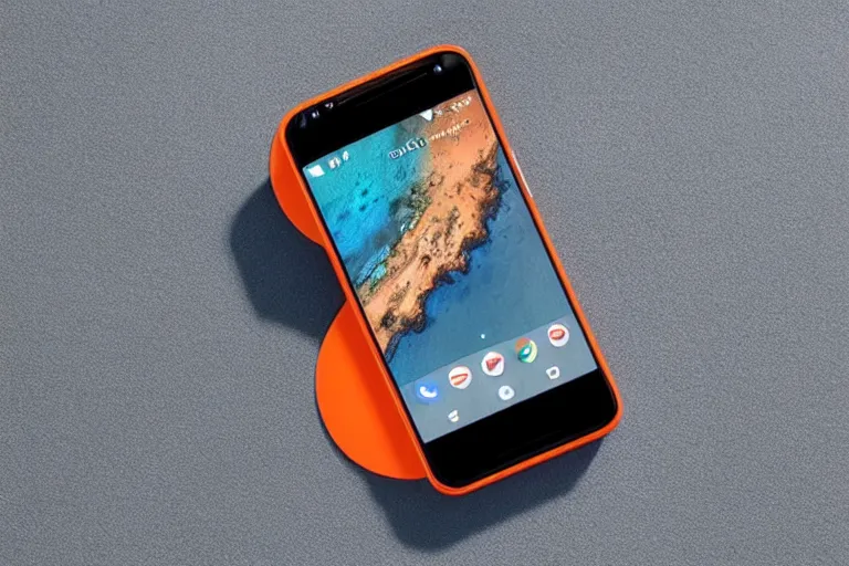 Image similar to a Google pixel phone with a bezel-less screen, Black Matte sides and a matte orange back.