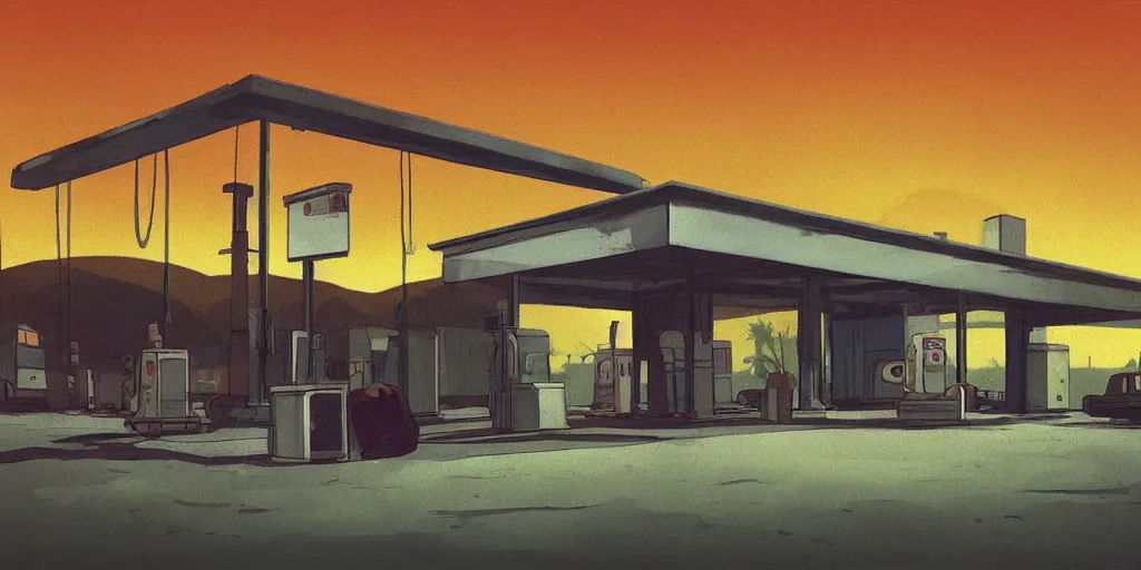 Prompt: An abandoned gas station in the desert at night, creepy and dramatic atmosphere, digital art by Studio Ghibli and Edward Hopper