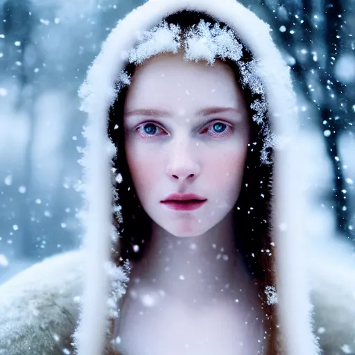 Image similar to photographic portrait of a stunningly beautiful english renaissance female in soft dreamy light at sunset, snowy forest, soft focus, contemporary fashion shoot, in a denis villeneuve and tim burton movie, by edward robert hughes, annie leibovitz and steve mccurry, david lazar, jimmy nelsson, extremely detailed, breathtaking, hyperrealistic, perfect face, octane render