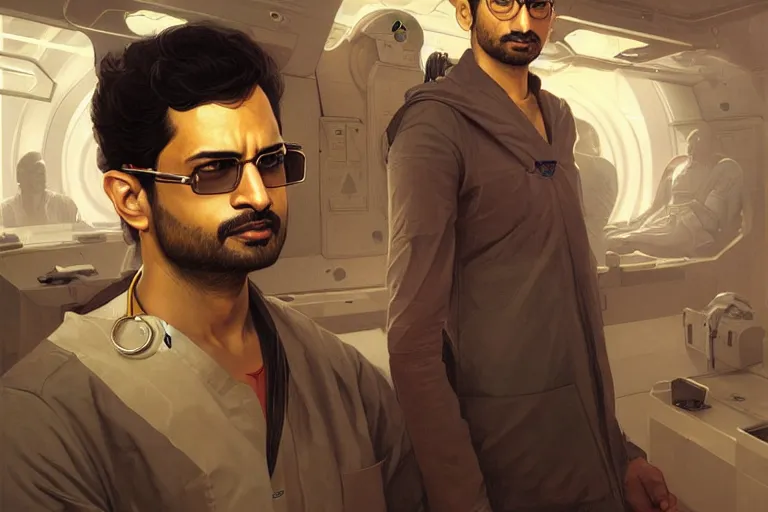 Image similar to Sensual good looking pale young Indian doctors wearing Deus Ex clothing in a space station above Earth, portrait, elegant, intricate, digital painting, artstation, concept art, smooth, sharp focus, illustration, art by artgerm and greg rutkowski and alphonse mucha