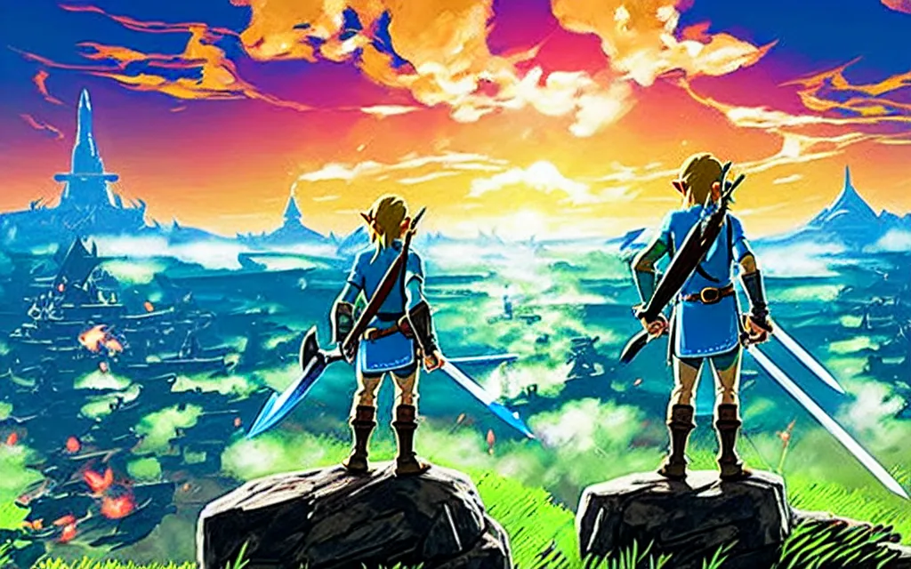 Image similar to photograph of Link from behind, from the game Breath of the Wild, with the master sword hanging across his back, watching the sunset, highly detailed