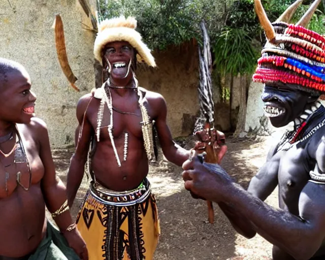 Image similar to zulu tribal warrior made out of teeth with a friendly american tourist. the tourist is in a cage.