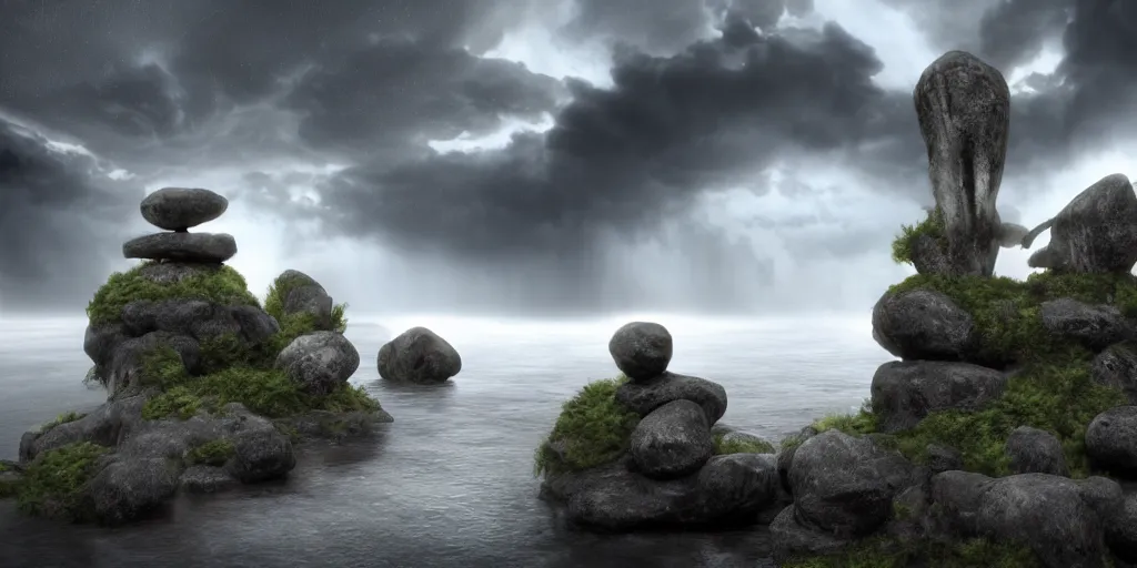 Image similar to Photorealistic epic landscape with magically floating rocks, with ominous storm clouds, strange levitating stones, stones falling from the sky, a gentle rising mist. Strange dark monks perform a ritual. Magical symbols float above them. occult photorealism, UHD, amazing depth, glowing, golden ratio, 3D octane cycle unreal engine 5, volumetric lighting, cinematic lighting, cgstation artstation concept art