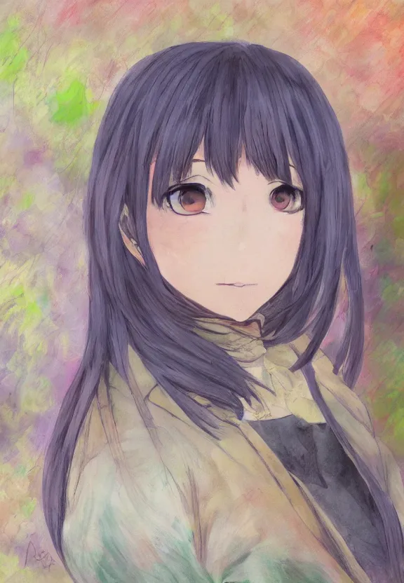 Prompt: macro portrait of a teenage girl, a natural outfit, tokyo anime scene, very anime in impressionist style, anime trending artwork, anime painter studio, by claude monet