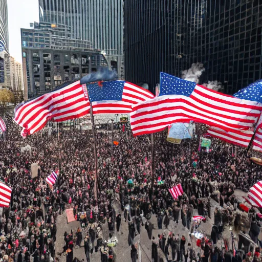 Image similar to 4 k hdr sony a 7 wide angle photo of soldiers waving hundreds of bitcoin flags at a protest of thousands of people surrounding federal reserve building with us dollars burning in a pile and flying everywhere