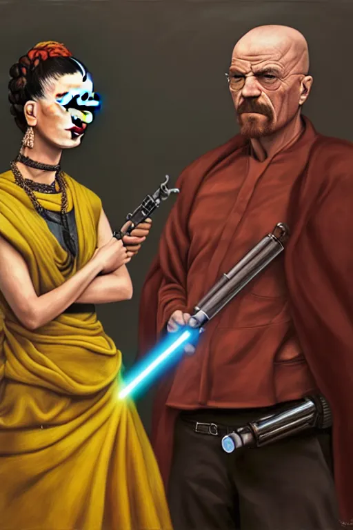 Image similar to photo of frida kahlo having a conversation with walter white! dream breathtaking detailed concept art painting of a jedi dilma rousseff holding a lightsaber, by hsiao - ron cheng, exquisite detail, extremely moody lighting, 8 k