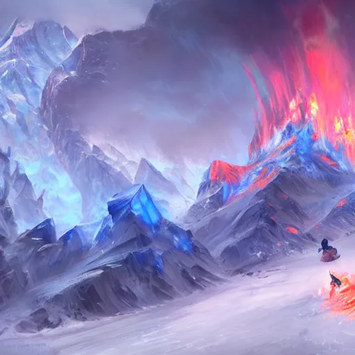 Image similar to blue glacier volcano eruption, blue glacier volcano eruption, blue liquid and snow, snow army war, war armies under the mountain, ice cold blue theme, bright masterpiece artstation. 8 k, sharp high quality artwork in style of jose daniel cabrera pena and greg rutkowski, concept art by tooth wu, blizzard warcraft artwork, hearthstone card game artwork