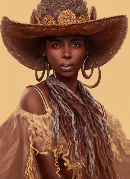 Image similar to a highly detailed illustration of long curly haired african girl wearing cowboy hat and brown poncho, dramatic playing banjo pose, intricate, elegant, highly detailed, centered, digital painting, artstation, concept art, smooth, sharp focus, league of legends concept art, WLOP