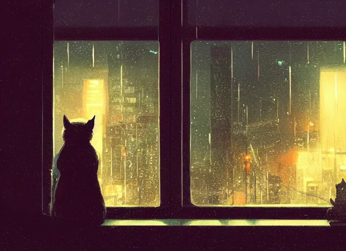 Prompt: back of cat sitting in front of a window looking out at a rainy cyberpunk city at night, cozy indoor lighting, greg rutkowski, alena aenami, artstation, detailed, digital painting