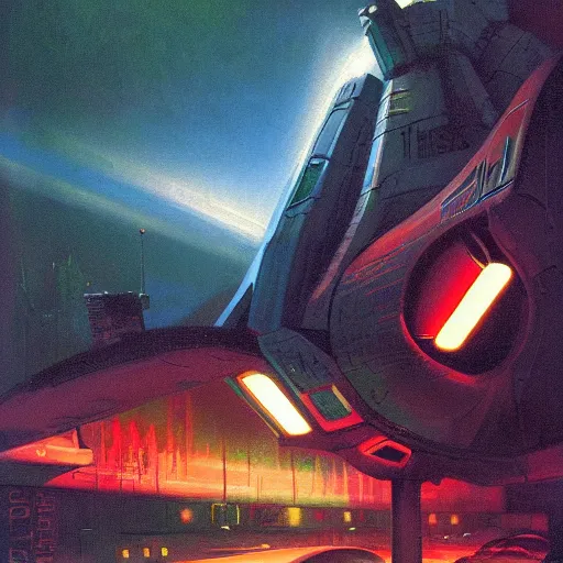 Image similar to a dark and colorful close - up of a sci - fi spaceship with led lights glowing fog in the background. highly detailed science fiction painting by norman rockwell, frank frazetta, and syd mead. rich colors, high contrast, gloomy atmosphere, dark background. trending on artstation