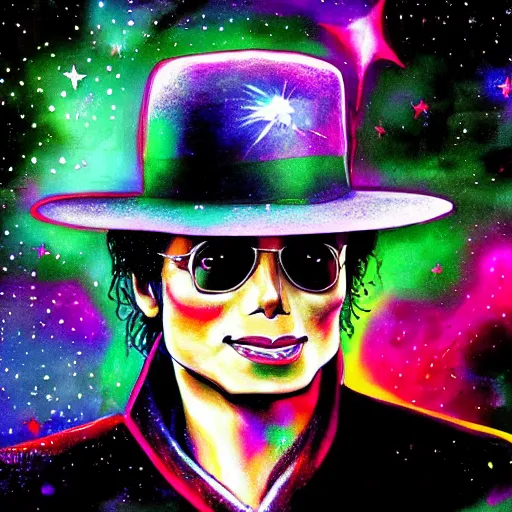 Prompt: digital painting of Michael Jackson in a cosmic scenery my Ralph Steadman, hyper detailed, white suit and hat