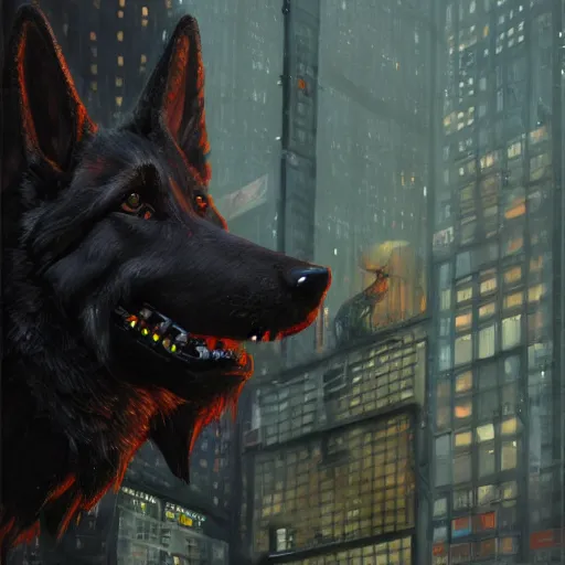 Prompt: new york city portrait of furry anthro anthropomorphic german shepard head animal person fursona wearing clothes strange cybernetic muzzle exposed electronic circuits cyborg microchip gloomy rainy cyberpunk digital art by Greg Rutkowski, Simon Stalenhag, trending on Artstation, CGSociety