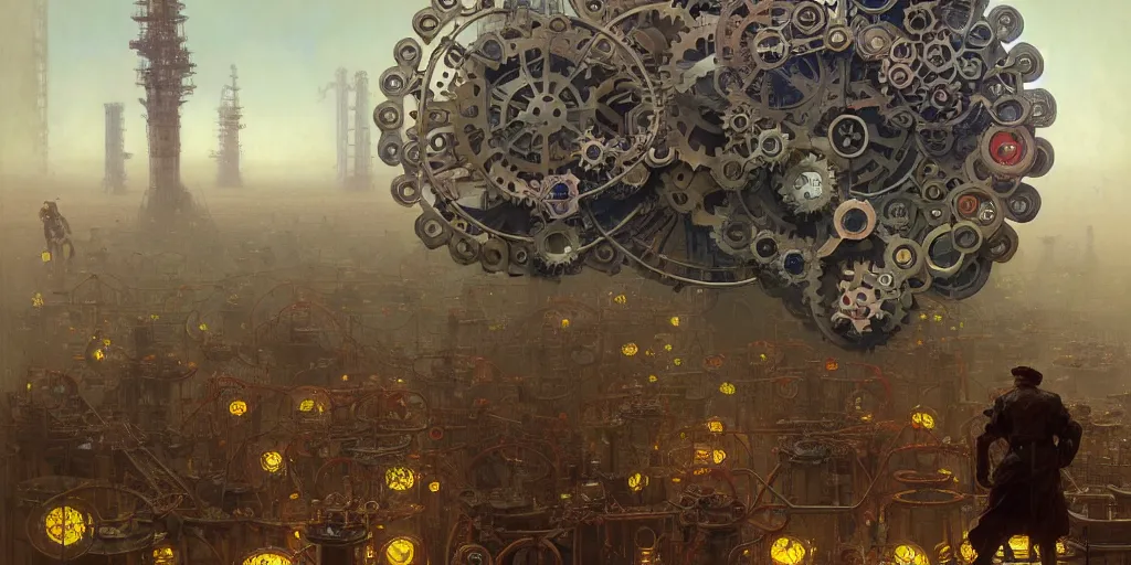 Image similar to giant interlocked cogs sprockets gears cogs, giant geometric mechanisms structures floating in space, industry, villages castles, buildings vista artstation illustration sharp focus vista painted by ruan jia raymond swanland lawrence alma tadema zdzislaw beksinski norman rockwell tom lovell alex malveda greg staples