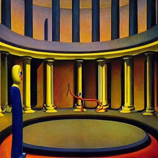 Image similar to robot druids in a grandiose atrium, grant wood, pj crook, edward hopper, oil on canvas