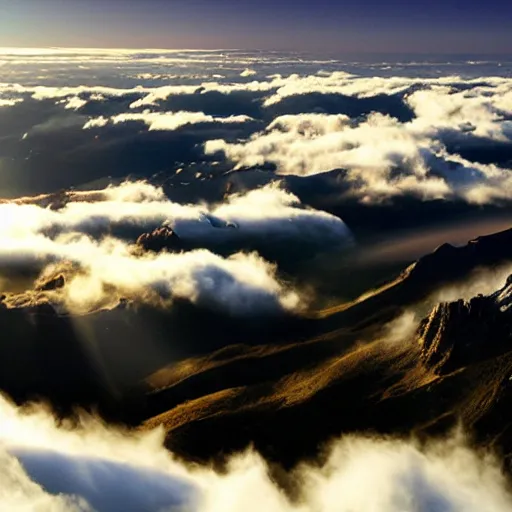 Image similar to mountains floating above the clouds