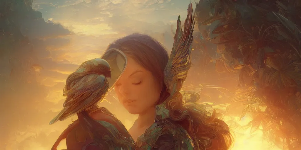 Image similar to baby bird, sunrise, pot of gold, rainbow, sci-fi, fantasy, intricate, very very beautiful, elegant, highly detailed, digital painting, artstation, concept art, smooth, sharp focus, illustration, art by artgerm and greg rutkowski and alphonse mucha