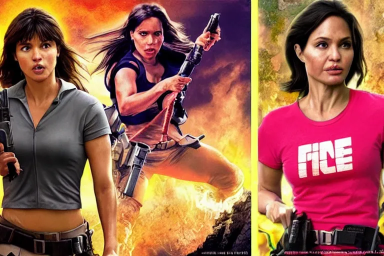 Image similar to Isabela Merced as Dora the Explorer vs Angelina Jolie as Lara Croft, movie poster, film by Michael Bay, dora pink shirt, lara white shirt