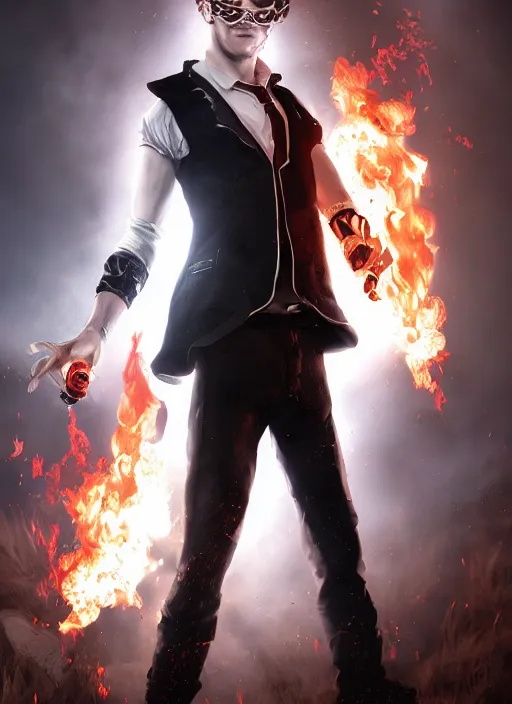 Image similar to An epic fantasy comic book style portrait painting of young man with long red spiked hair. Wearing a black waistcoat, white shirt, using googles. Blasting fire on his hands. Unreal 5, DAZ, hyperrealistic, octane render, cosplay, RPG portrait, dynamic lighting