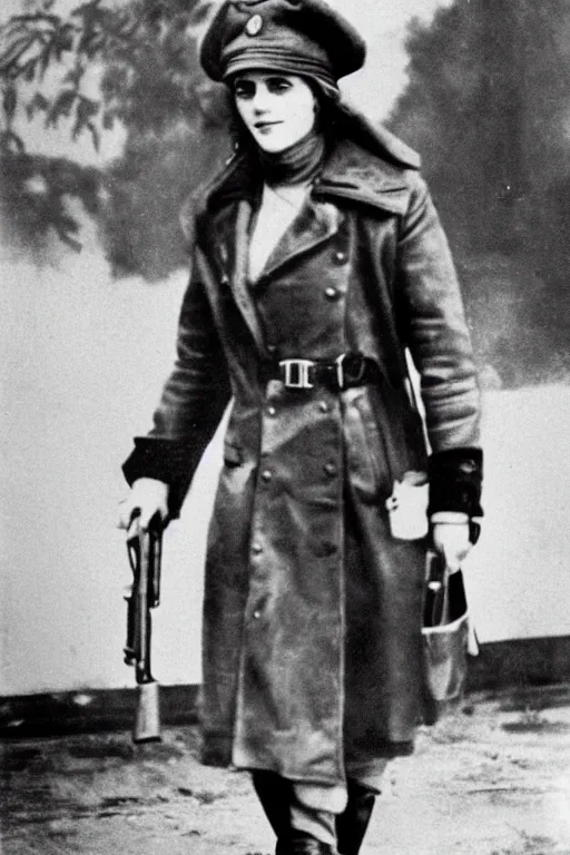 Image similar to photograph of soviet chekist comrade emma watson, standing in a long leather coat with mauser pistol, vintage revolution photograph, famous photo