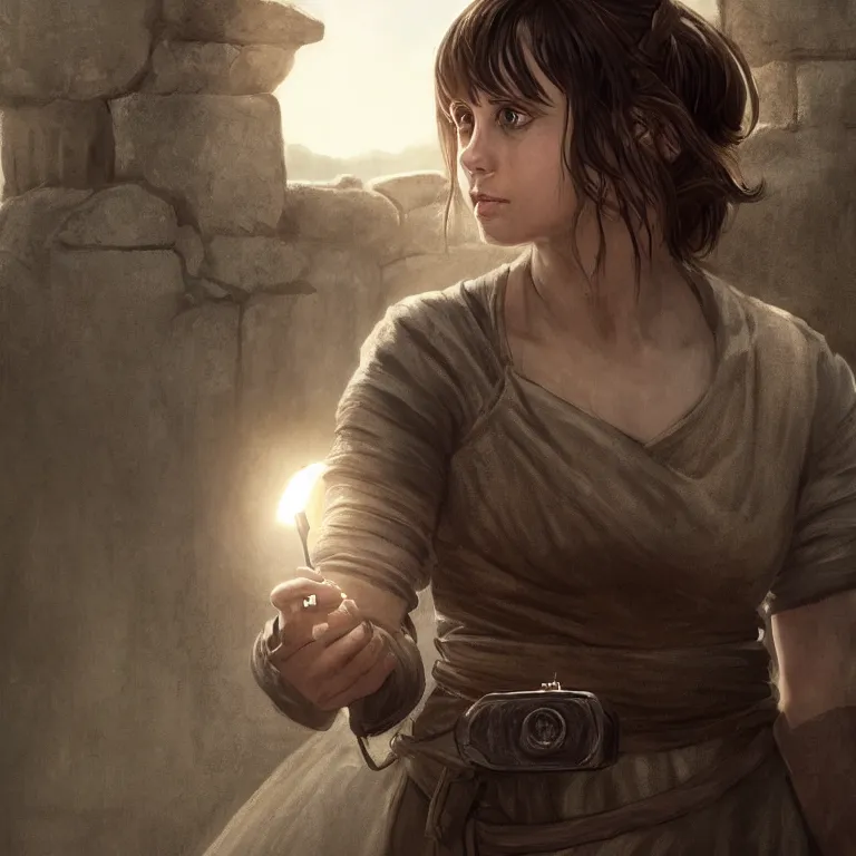 Image similar to portrait of jyn erso as a beautiful medieval wench in a stone courtyard holding a modern telephone, confident pose, coherent, insane detail, concept art, character concept, cinematic lighting, global illumination radiating a glowing aura