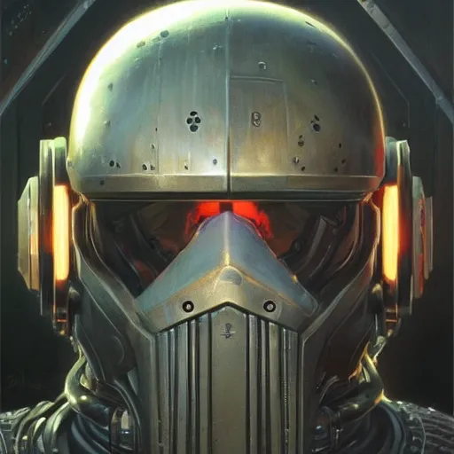 Prompt: the doomslayer as a realistic scifi cyberpunk knight, closeup portrait art by donato giancola and greg rutkowski, vintage retro scifi, realistic face, digital art, trending on artstation, glowing edge lighting, symmetry!!!