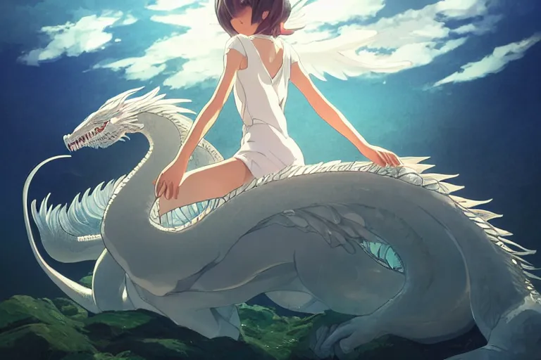 Prompt: a hyper detailed big render that a beautiful girl sitting on the back of a huge silver white dragon alone in fairyland surrounded by white clouds, finely detailed angelic face, style of studio ghibli, makoto shinkai, xision, ilya kuvshinov and artgerm, kazuki tanahashi, james jean, animation style, golden curve composition