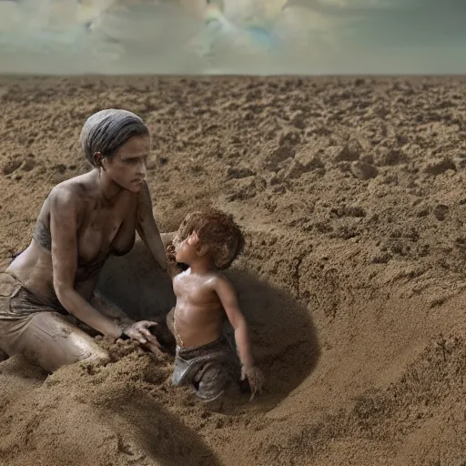 Prompt: a woman and a baby buried under sand, mud and rusty pipes, faded, depth of field,, ultra realistic, very detailed, by nadav kander, 8 k hyper realistic detailed cinematic still