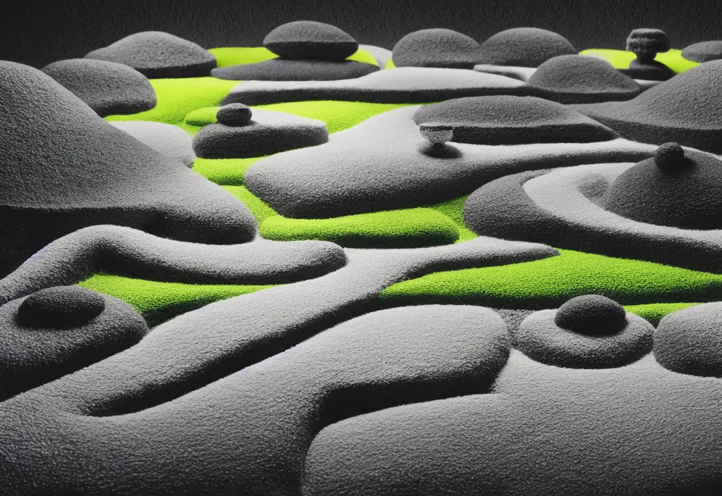 Image similar to zen garden kyoto, japan, a collage painting, in the style of wes anderson, lola dupre, david hockney, isolated on negative white space background dark monochrome fluorescent neon spraypaint accents volumetric octane render