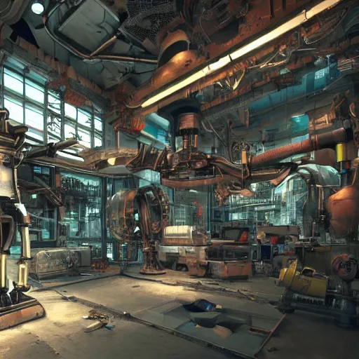 Image similar to he inside of a futuristic mechanic workshop, highly detailed interior, scrap metal on workbenches, half - finished robot, mechanical bugs in a display case, holographic screen in center frame, trending on artstation, cryengine render, 8 k