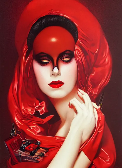 Image similar to an 8 0 s portrait of a woman with dark eye - shadow and red lips with dark slicked back hair dreaming acid - fueled hallucinations by serge lutens, rolf armstrong, delphin enjolras, peter elson, red cloth background